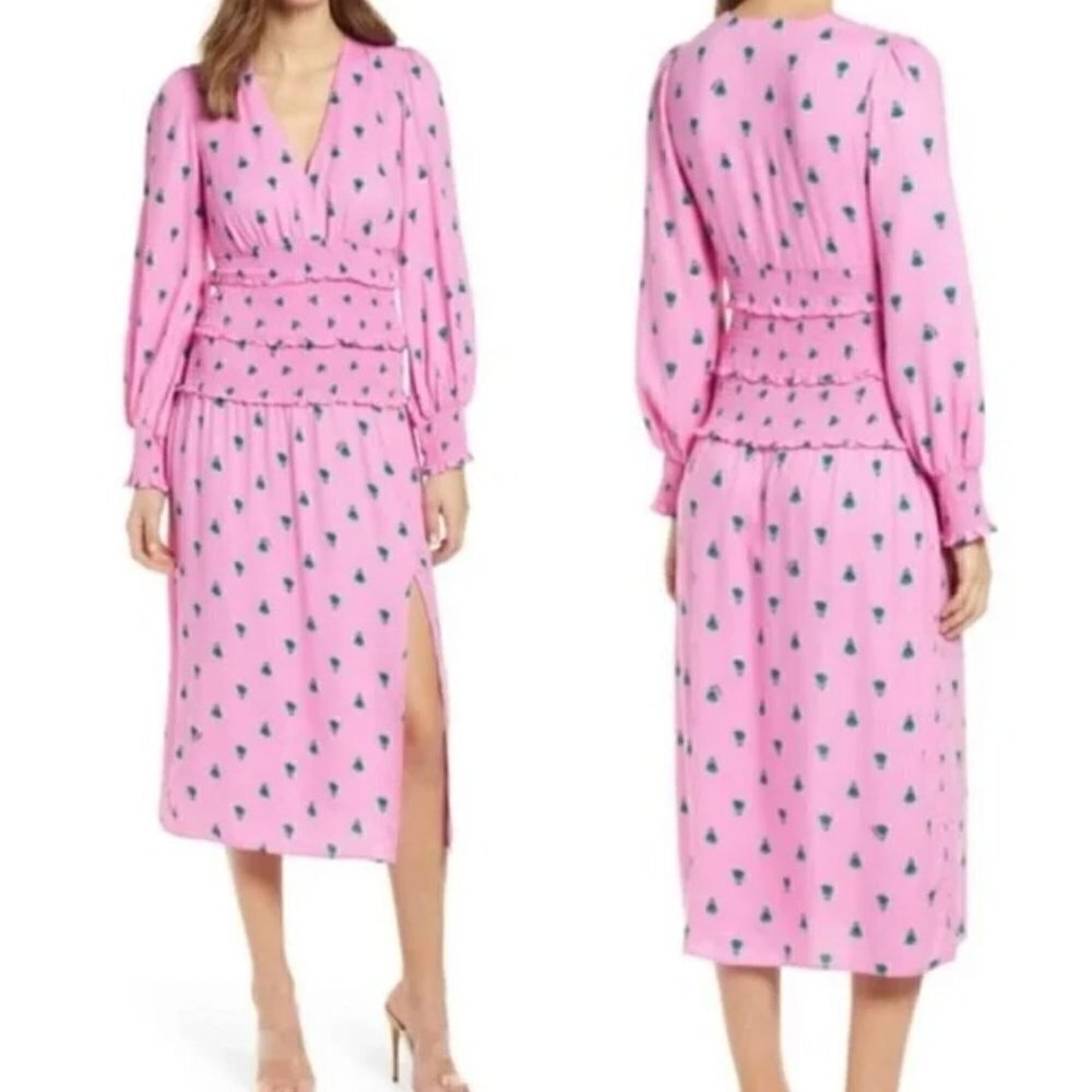 New AFRM Size XS Hazel Floral Smocked Long Sleeve Midi Dress Pink Fleur